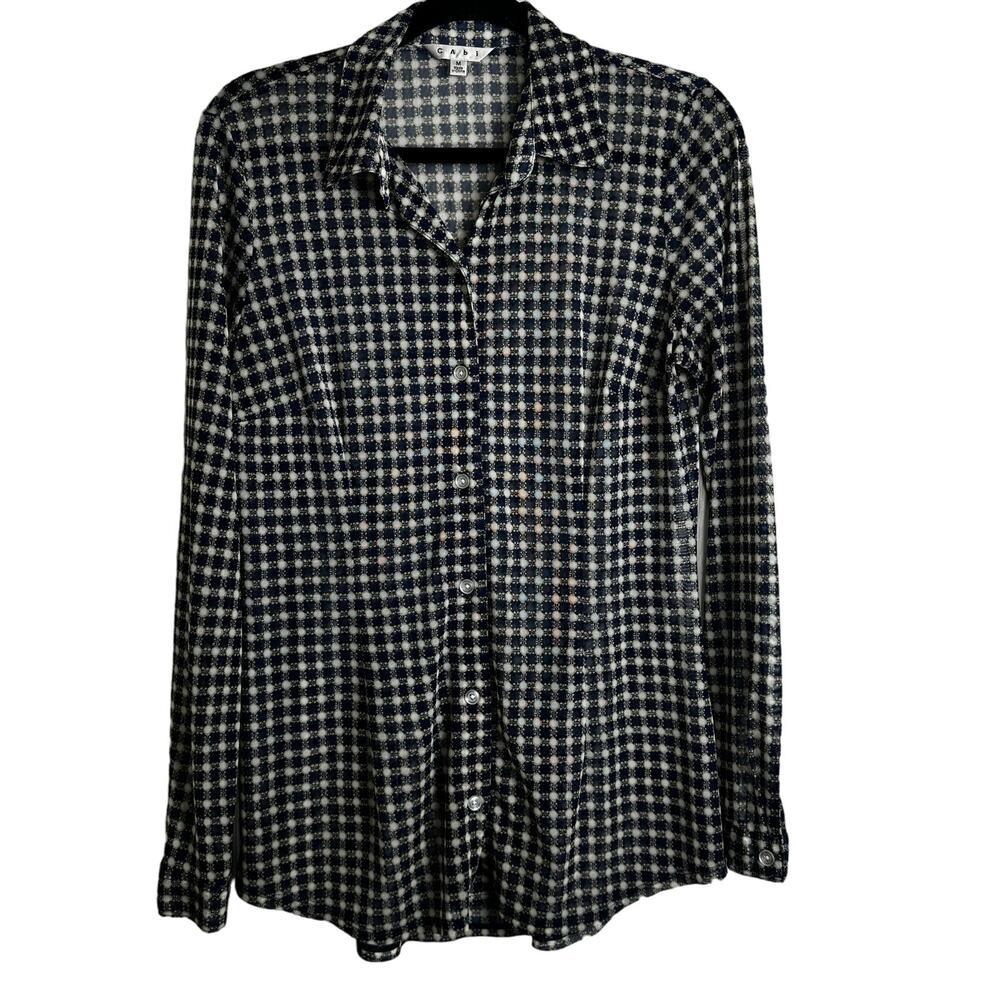 CAbi 736 Shirt Womens Size Medium Sheer Mesh Checkered Button-down Long Sleeve